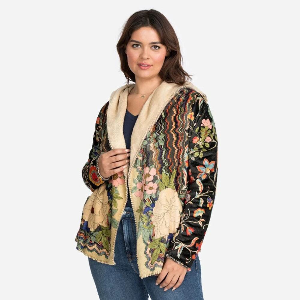 Johnny Was Jacket Womens Sherpa Floral Hooded Sherpa Soft Biya Size XL A011019